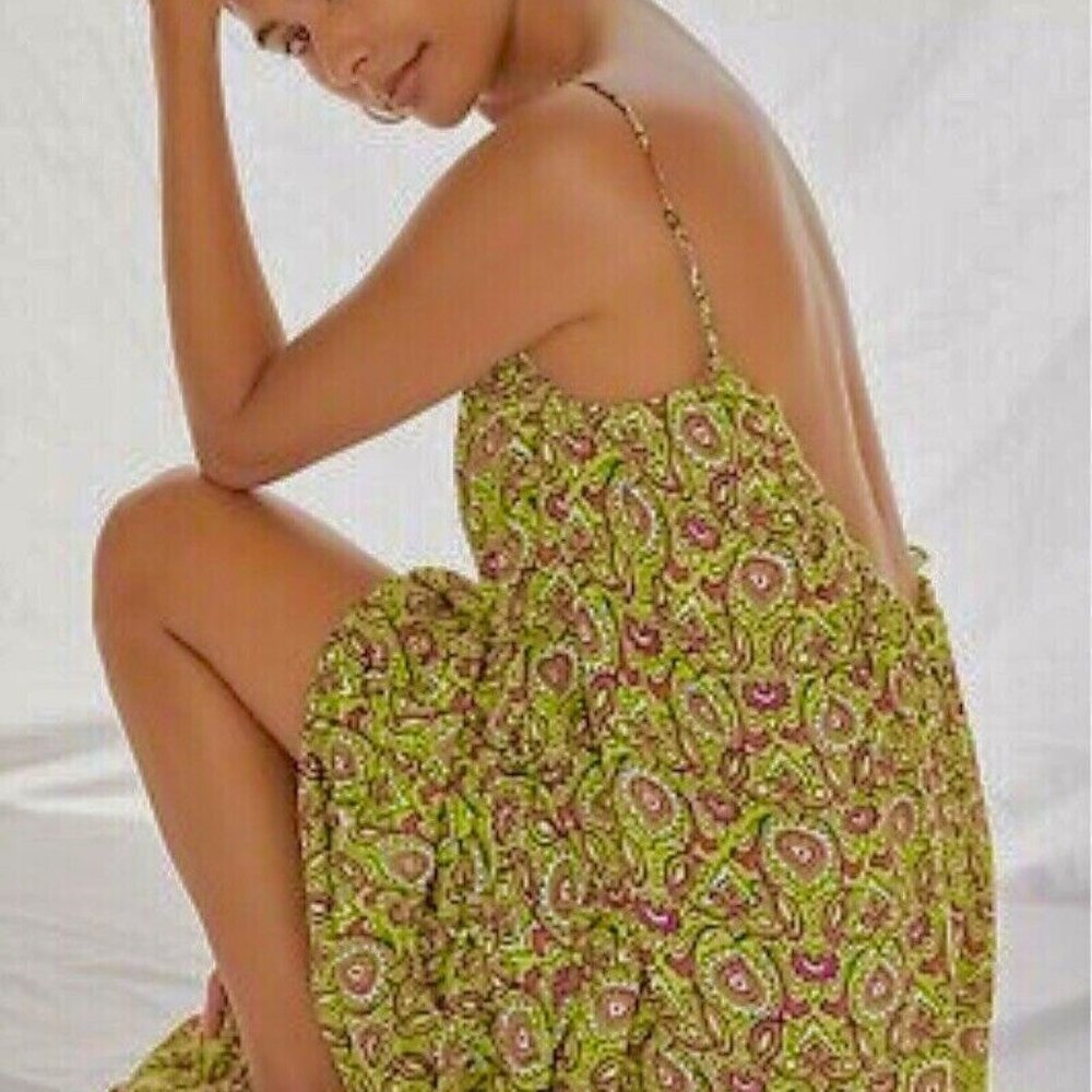 Anthropologie FLOUNCED Citron Maxi Dress XL Cruise Worthy Feminine Romantic Airy
